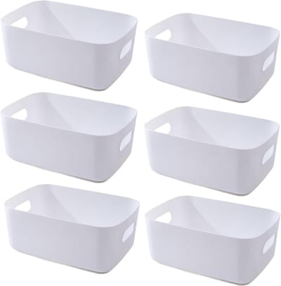Famanu – Set van 6 witte plastic opbergmanden – 25 × 18 × 10 cm – Multifunctionele organizer voor keuken en kantoor