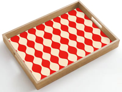Dienblad hout 50x35 cm - Schootdienblad - Golvend patroon - Retro - Rood - Beige - Borrelplank rechthoek - Plateau dienbladen