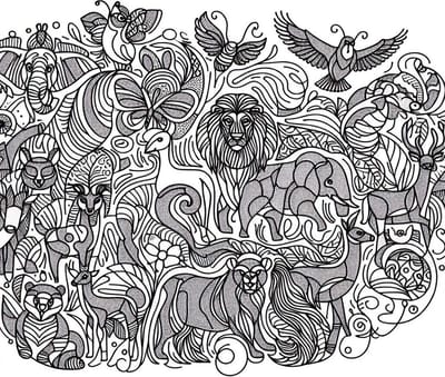 Line art dieren schilderij | Creaturistic Creatures: Fusion of Lines and Animalistic Expressions | Kunst - 100x100 centimeter op Dibond | Foto op Dibond