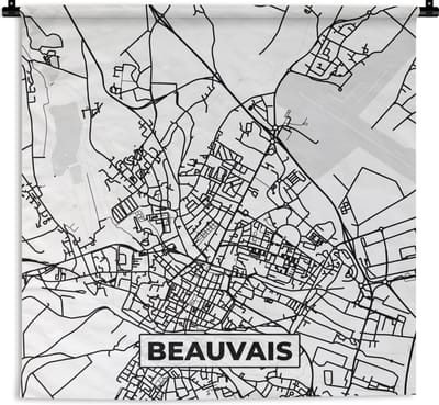 Wandkleed - Wanddoek - Kaart - Stadskaart - Beauvais - Frankrijk - Plattegrond - Zwart wit - 180x180 cm - Wandtapijt