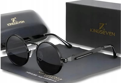 Kingseven Zonnebril - Zwarte Spiegelglazen - Rond Zwart Montuur - Retro Steampunk Heren - N7579