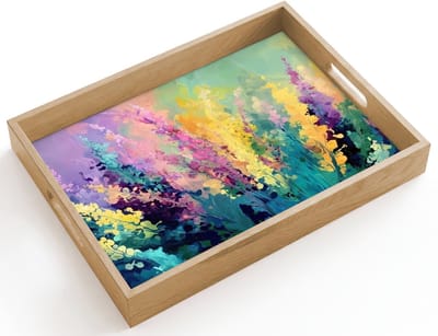 Dienblad hout 40x30 cm - Schootdienblad - Dromerige - Langgerekte bloemen - Borrelplank rechthoek - Plateau dienbladen