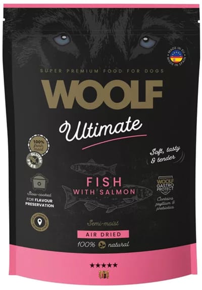 Woolf ultimate hondenvoer Vis met zalm - 1 kg 55%vis - 20% eend - 10% kalkoen - semie moist - 100% naturel - met prebiotica- ALS VOEDING OF BELONING ideaal voor hondjes met slecht gebit