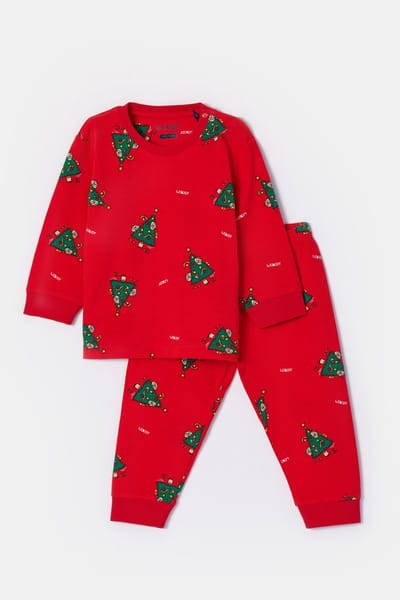 Woody pyjama baby unisex - rood - kerstboom all-overprint - 253-18-CPA-Z/995 - maat 62