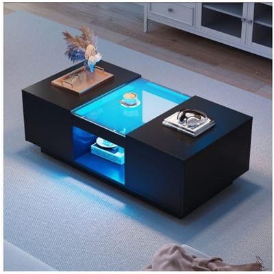 Table basse noire 100x50x35,5 cm - avec couvercle en verre, éclairage LED, 2 tiroirs et 1 compartiment ouvert noir