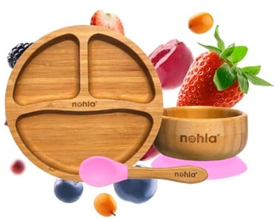 Bamboe Baby & Peuter Zuigplaat, Kom & Siliconen Spoon Spenen Set - Milieuvriendelijk & BPA-vrij - Roze