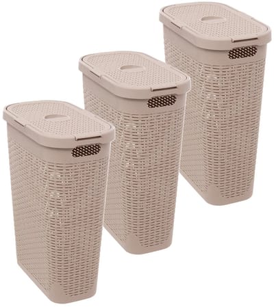 5Five Smalle Wasmand met deksel Rotan - 3x - beige - gevlochten kunststof - 40 liter - 26 x 46 x 60 cm