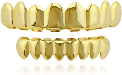 Halloween Gouden Tanden Grills Set met 18K Vergulding en 2 Fixing Trays voor Cosplay, Feest en Rapper Kostuums