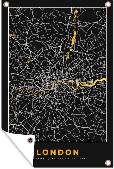 Muurdecoratie Londen - Stadskaart - Plattegrond - Goud - Kaart - 120x180 cm - Tuinposter - Tuindoek