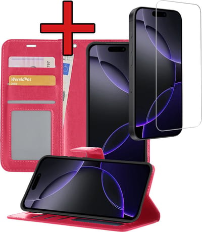 Hoesje - Met Screenprotector - Geschikt voor Apple iPhone 16 Pro - Luxe Pasjeshouder - Flipcase - Bookcase Portemonee - Flip Case - Kunstleer Book Case - Book Cover - Walletcase - Portemonneehoes - Telefoonhoes - Donkerroze