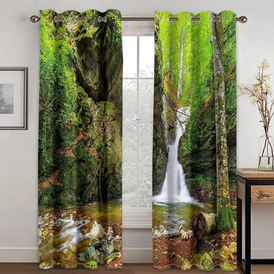 3D Tropisch Bos Natuurlijk Landschap 3D Digitaal Ontwerp Slaapkamer Woonkamer Raambekleding 2 Panelen Weelderige Groene Bomen Mos Diep Bos 50W60H(CM)X2&HOOK