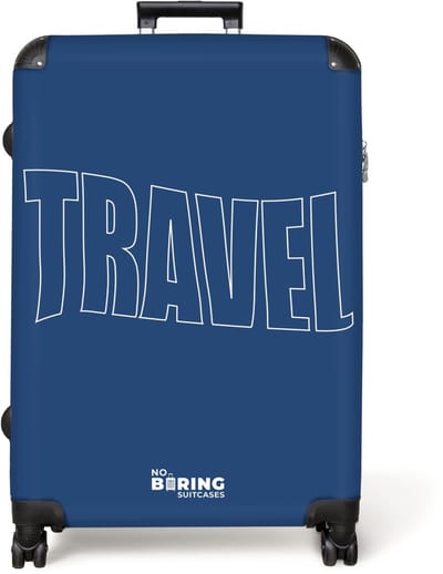 NoBoringSuitcases.com® - Koffer groot - Reiskoffer lichtgewicht - Blauwe achtergrond met grote contourtekst Travel - Rolkoffer met 4 wielen - Grote trolley XL - 98 liter bagage