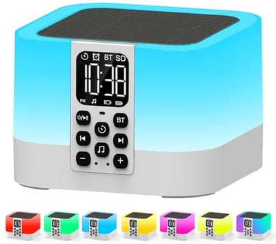 Bluetooth luidspreker met wekker en nachtlampje, draagbare geluidsmachine met slaapgeluiden en timer