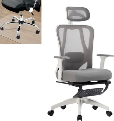 FOXSPORT Ergonomische Bureaustoel - 4D Curve Support System - Verstelbaar Nekkussen / Armleuning / Rugsteun / Zithoogte / Zitdiepte- Ademend Mesh Materiaal - Bureau Stoel voor Kantoor / Thuis / Gaming - Grijs