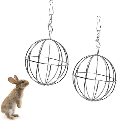 Set van 2 Hooi Voederballen met RVS Frame en Ophangsystemen voor Konijnen, Cavia's en Chinchilla's