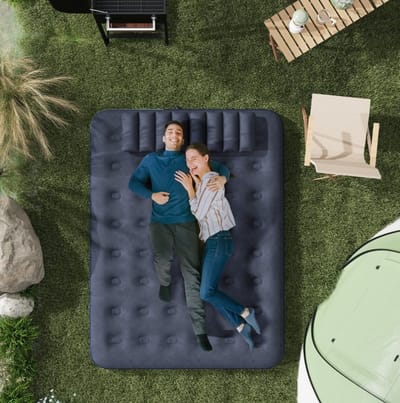 MEUNIQ tweepersoons luchtbed 203 x 152 x 22 cm met ingebouwde handpomp en 2 kussens, opblaasbaar gastenbed voor kamperen en logeerpartijen, blauw