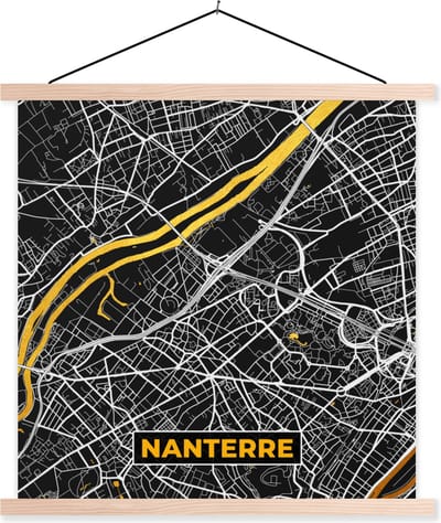 Posterhanger incl. Poster 40x40 cm - Schoolplaat - Nanterre - Plattegrond – Kaart – Frankrijk – Stadskaart - Textielposter - Blanke latten - Stadskaart