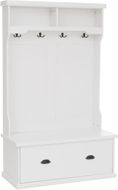 Garderobekast MCW-P27, halgarderobekast, houten garderobekast met zitbank, 4 haken, opbergvak, melamine, 163 x 100 x 47 cm ~ wit