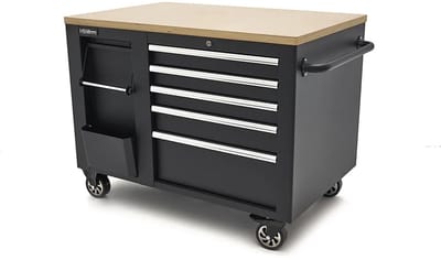 HBM verrijdbare gereedschapswagen, werkbank 114 cm met houten werkblad, zwart