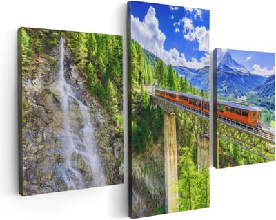 Artaza Canvas Schilderij Drieluik Trein op een Brug bij een Waterval in Zwitserland - 90x60 - Foto Op Canvas - Canvas Print
