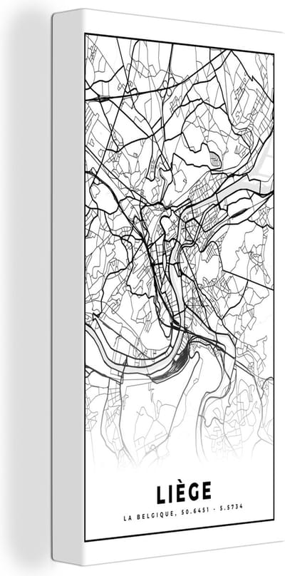 Canvas Schilderij België – Luik – Stadskaart – Kaart – Zwart Wit – Plattegrond - 20x40 cm - Wanddecoratie