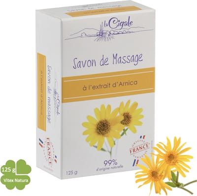 Arnica Massagezeep 125g | met exfoliërende olijfsteenpoeder | 99% ingrediënten van natuurlijke oorsprong | La Cigale