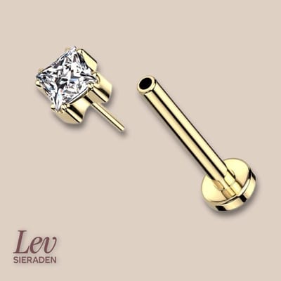 Lev Sieraden - Titanium push-pin labret piercing - 1.2x8 mm - met 4mm princess cut zirkonia - goud kleurig - steen kristal neuspiercing - tragus piercing - lippiercing - tragus piercing - Oor piercing - Helix - antie alergie nikkelvrij Piercing