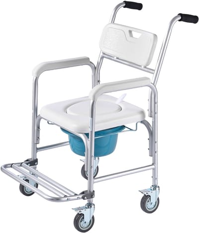 4-in-1 Nachttafel Commode Stoel Met Wielen, 159 kg Draagvermogen, Draagbare Toilet en Verhoogde Zitting Met Gepolsterde Rugleuning/Zitting, Omslaapbare Voetsteun, Verwijderbare 5 L Emmer, Doucherolstoel voor Ouderen