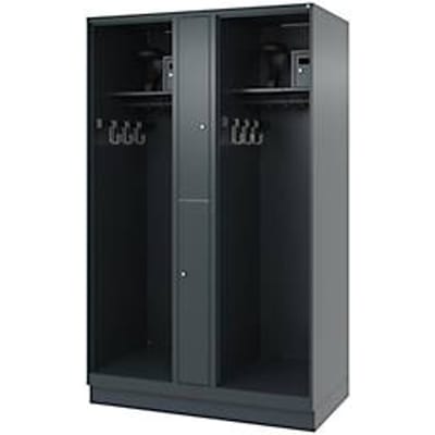 Brandweerkluis C+P Evolo Maxi, 4 vakken voor 2 personen, met helmhouder, met sokkel, B 1200 x D 600 x H 1950 mm, RAL 7016 antracietgrijs