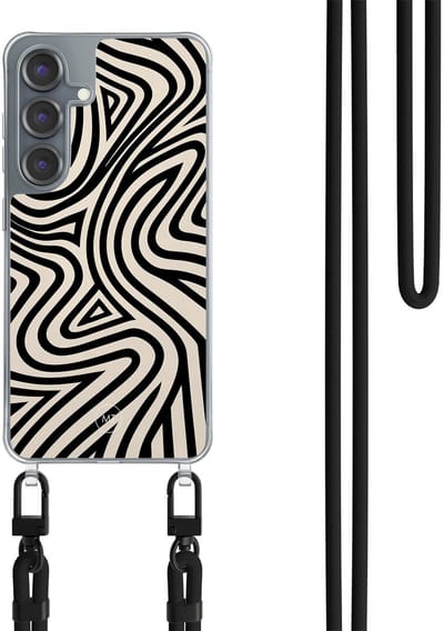 Hoesje met koord geschikt voor Samsung Galaxy S25 - Groovy lines - Inclusief Zwart koord - Crossbody beschermhoes - Transparant, Zwart - Mooie Telefoonhoesjes