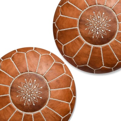 Leren Poefs - Duo set, Cognac bruin - Handgemaakt en stijlvol - Beide gevuld geleverd