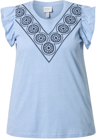 Ulla Popken - Dames - T-shirt borduursel ronde hals korte mouw biologisch katoen - Duifblauw - Maat 42+