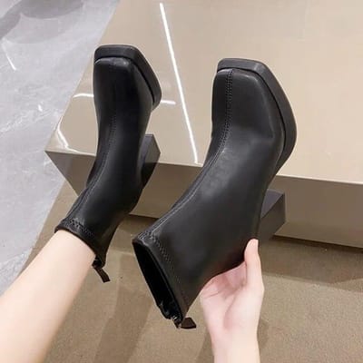 Dames enkellaarsjes Platform vierkante hoge hak Dames korte laarzen Lakleer PU-leer Dameslaarzen Schoenen voor dames 42 zwart