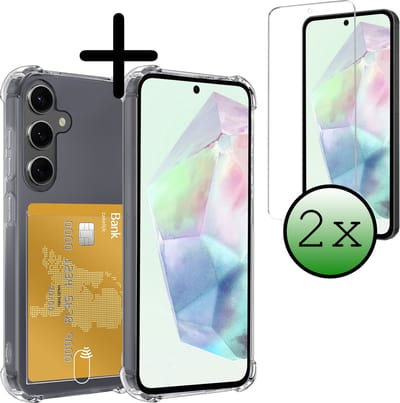 Hoesje Geschikt voor Samsung Galaxy A35 - Met 2x Screenprotector - Pashouder - Kaarthouder - Telefoon Hoes Shockproof - Siliconen Case - Back Cover - Shock Proof - Pasjes Houder - Transparant