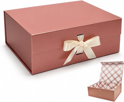 Grote geschenkdoos in roségoud, 33,5 x 27 x 12,5 cm, premium geschenkdoos met magnetisch deksel en lint voor feestdagen, bruiloft, verjaardagscadeau, geruite voering