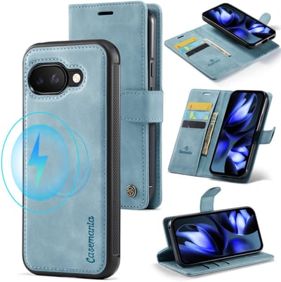 Casemania Hoesje Geschikt voor Google Pixel 9a - Aqua Blue - 2 in 1 Magnetische Book Case met Uitneembare Back Cover - Geschikt voor MagSafe - Telefoonhoesje met Pasjeshouder