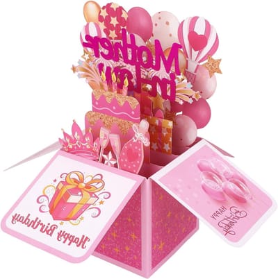 Elegante 3D Verjaardags Wenskaart voor Schoonmoeder met Kleurrijke Taart en Ballonnen, Perfect als Popup Geschenkdoos voor een Onvergetelijke Verjaardagservaring