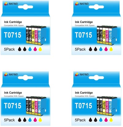 INKFIND T0715 inktcartridge voor Epson T0715 T0711 T0712 T0713 T0714 T0895 inktcartridge multipack 20 stuks (4*5pack=Zwart x 8, Cyaan x 4, Magenta x 4, Geel x 4) Epson Stylus D120, S20, S21, SX100, SX105, SX110, SX115, SX200, SX205, SX210, SX215