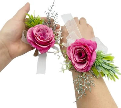 Pols Corsage Boutonniere Set - Bruiloft Bloem Accessoires - Feestelijke Decoratie - Handgemaakt met Parels - 4x5 Inch - Rozerood