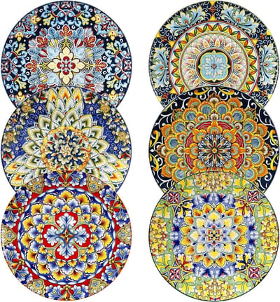 Set van 6 Kleurige Bohemian Stijl Dessertborden van Porselein, 21.5 cm, Geschikt voor Magnetron, Oven en Vaatwasser, Ideaal voor Salades en Nagerechten