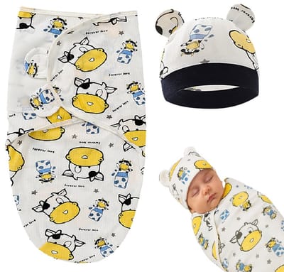 Baby Inbakerdeken met Hoedje – 100% Katoen – Wit met Koeienmotief – 65×51 cm – Voor Pasgeborenen 0–6 Maanden – Ademend & Verstelbaar – Babydeken & Slapen Wrap Set