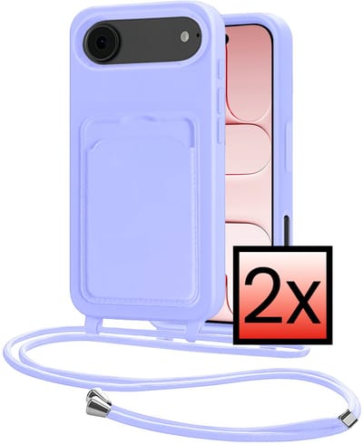 Hoes Geschikt voor iPhone Air Hoesje Pasjeshouder Cover Met Koord Case Siliconen Hoes Met Telefoonkoord en Kaarthouder - Lila - 2 PACK