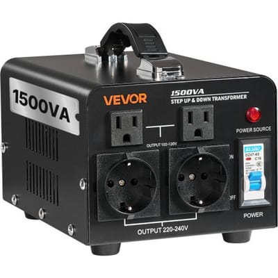 VEVOR 1500VA Step-Up/Step-Down-vermogenstransformator, 110V naar 220V en 220V naar 110V spanningsomvormer met Amerikaanse en Europese stopcontacten, netsnoer en stroomonderbreker