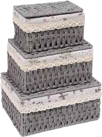 3 stuks opbergmand, opbergdoos met deksel, gevlochten met voering, opbergdoos, badkamer, badkamerorganizer, rotan mand voor speelgoed, keuken, slaapkamer (grijs)