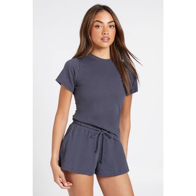 boohoo Dames Doorschijnende Slub Relaxed Wijde Korte Broek | Houtskool | Maat: 34