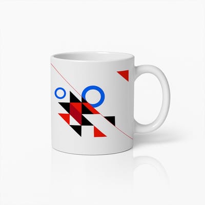 Geometrische Kunst Mok 330ml – Moderne Abstracte Koffiebeker met Rood, Blauw & Zwart Ontwerp – Stijlvol Cadeau voor Kunstliefhebbers & Minimalistische Decoratie
