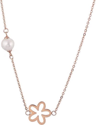 Montebello Ketting Flower - 316L Rosé Staal - Parel - Bloem - 46+4cm