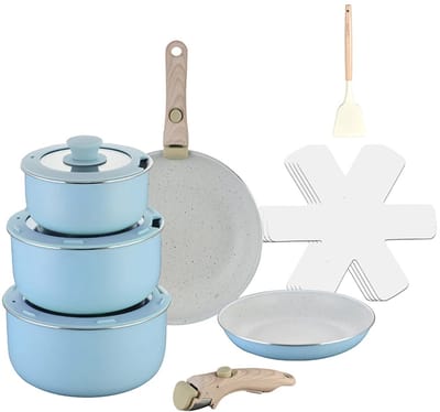 15-delige Luxe Pannenset – Lichtblauw – Ultra Non-stick – Met 2 Handgrepen, Panbeschermers & Siliconen Spatel
