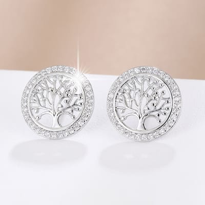 Sjika - Zilveren Levensboom Oorbellen – Ronde Oorknopjes met Zirkonia – Elegant & Tijdloos – Cadeau voor Haar