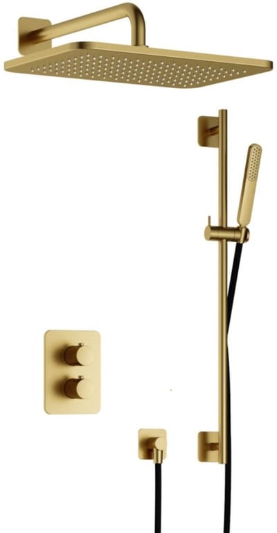 Hotbath Gal - GL106 - Inbouw Regendoucheset - Geborsteld Messing PVD - Thermostatisch - Wandarm 35 cm - Hoofddouche 270x400 mm - Staafhanddouche - Glijstang 900 mm - met GL106 - met 2-Weg Stop-Omstel